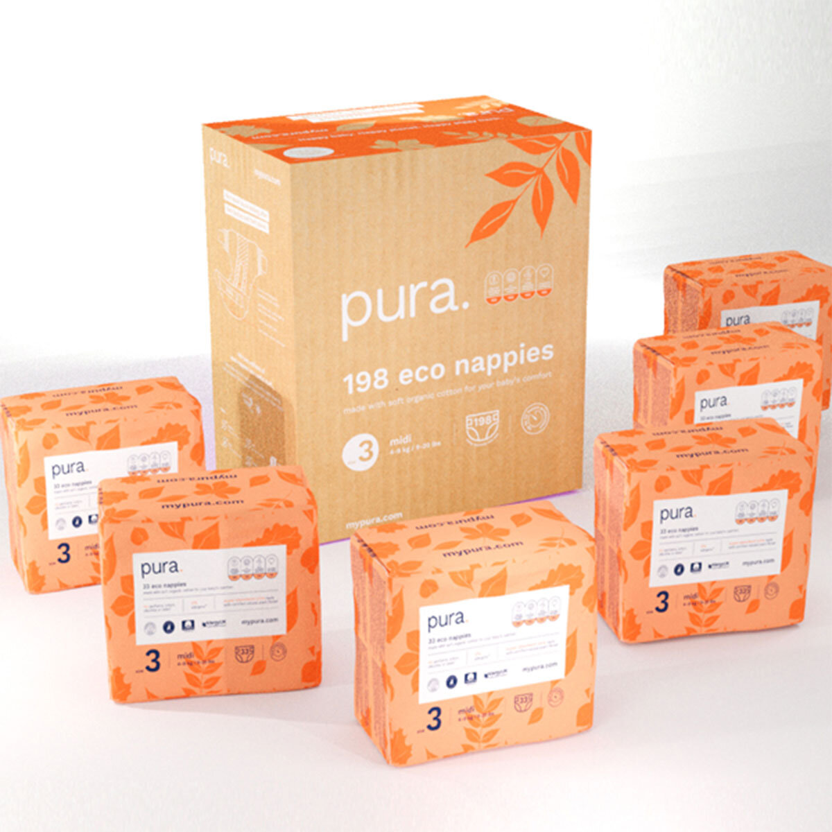 Pura High Performance Eco Nappies Size 3, 6 x 33 Pack (19...