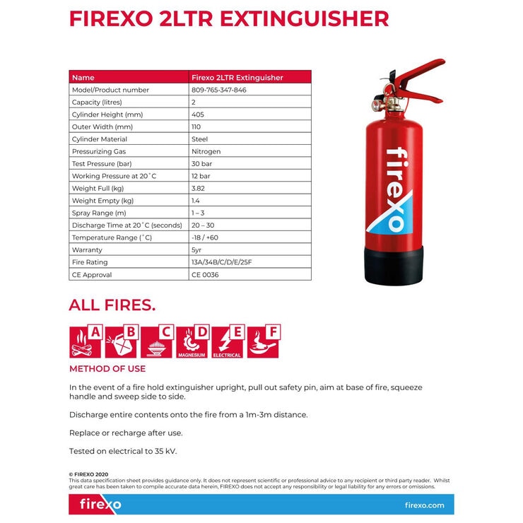 Firexo 2 Litre Fire Extinguisher - Suitable for all Fire Types | Costco UK