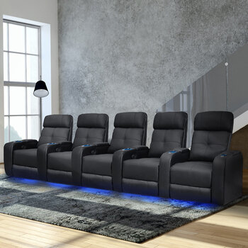 Valencia Verona Row of 5 Black Leather Power Reclining Home Theatre Seating