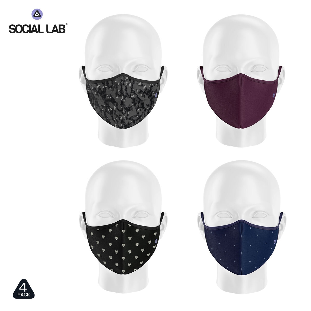 Social Lab Triple Layer Women's Reusable Face Masks, 4 Pack