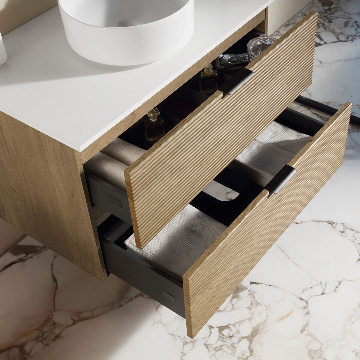 Lifestyle image with draws open of Ove Archie 910mm in Walnut