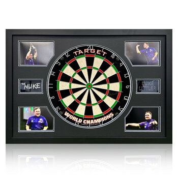 Luke Littler Signed Framed Dartboard, including 4 Photos