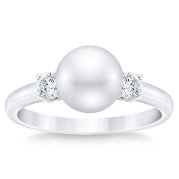 8-8.5mm Freshwater White Pearl & 0.21ctw Diamond Ring, 14ct White Gold