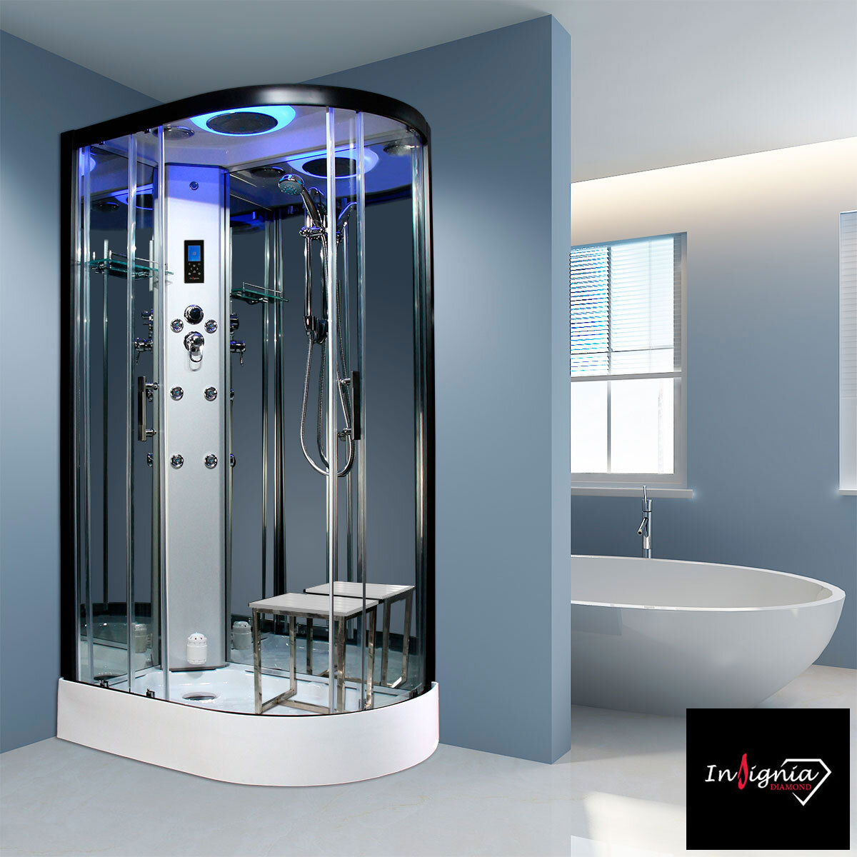 Insignia Diamond 1100mm Offset Quadrant Steam Shower with Black Frame