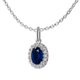 Oval Cut Sapphire & 0.16ctw Diamond Halo Pendant, 14ct White Gold