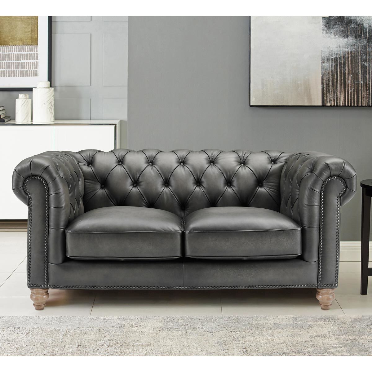 Andreas Chesterfield Seater Grey Leather And Dark Ash Wood Legs Sofa ...