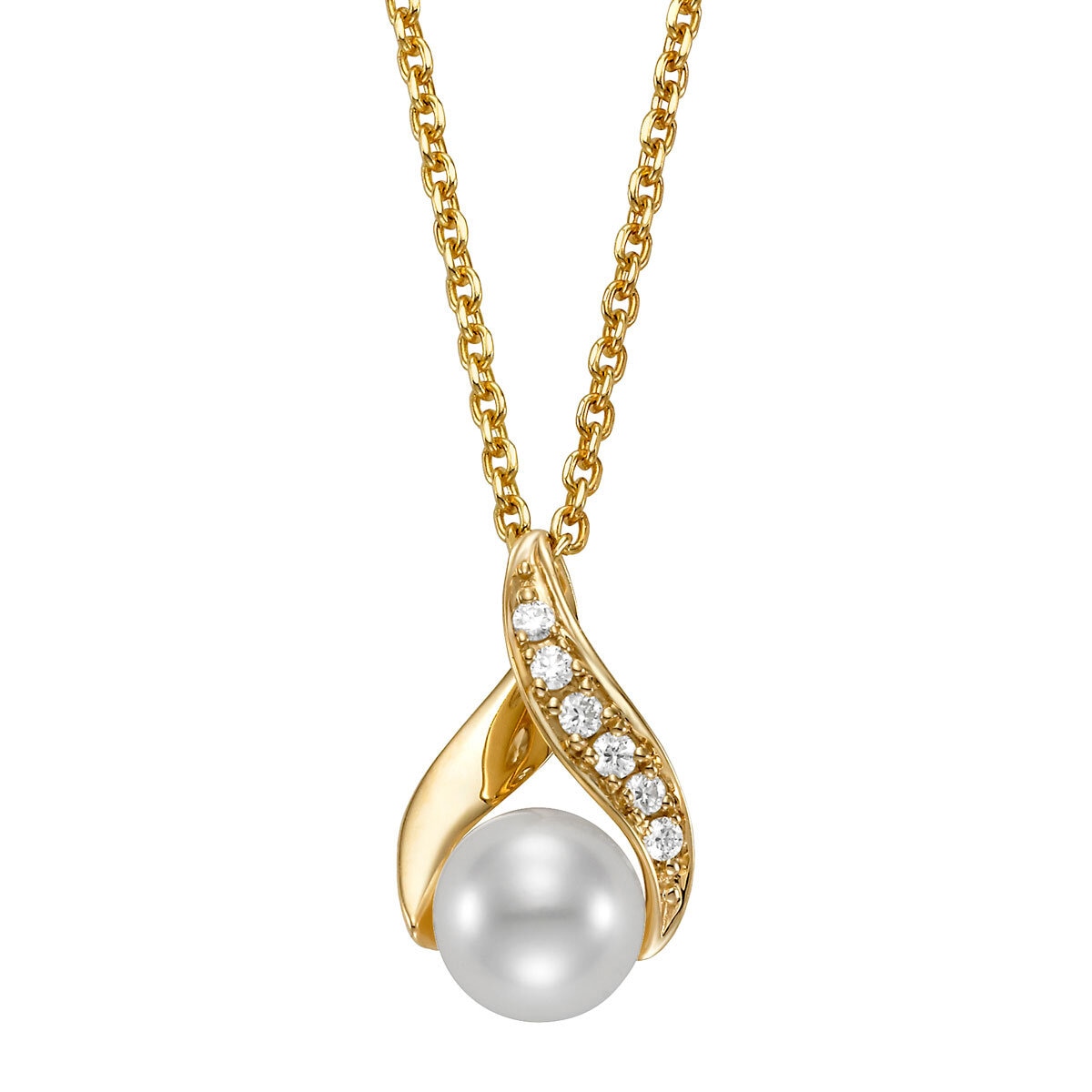 6.5-7mm Cultured Freshwater White Pearl & 0.08ctw Diamond Pendant, 14ct Yellow Gold