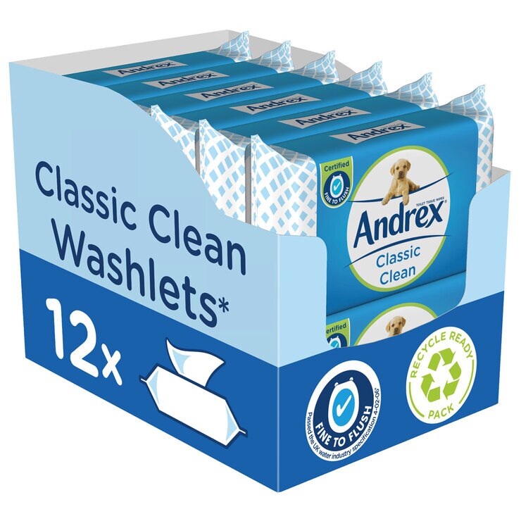 Andrex Classic Clean Washlets Moist Toilet Tissue, 12 x 40 Wipes