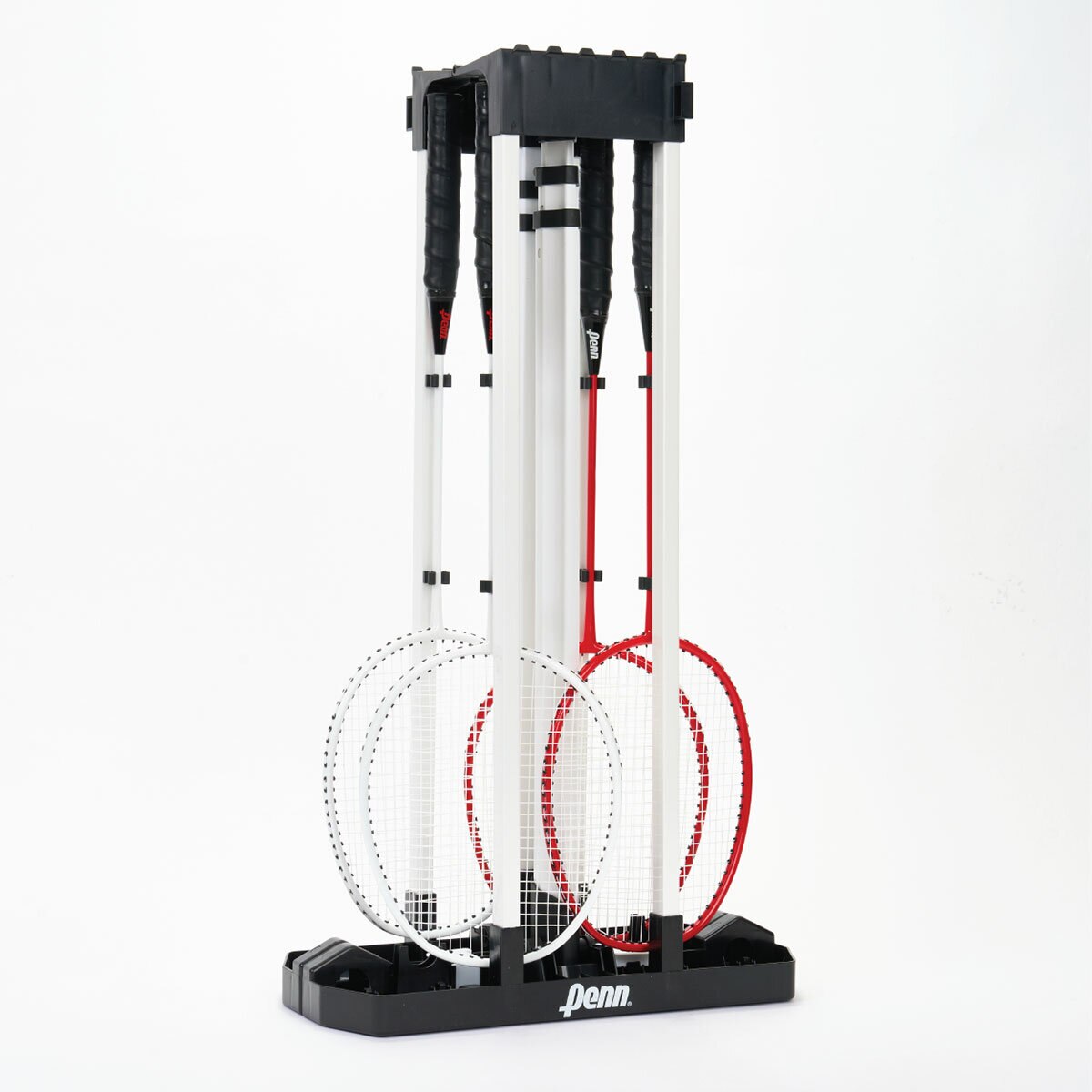 Studio image of the badminton base folded down and the rackets stood inside it. Studio image of the badminton base folded down and the rackets stood inside it.