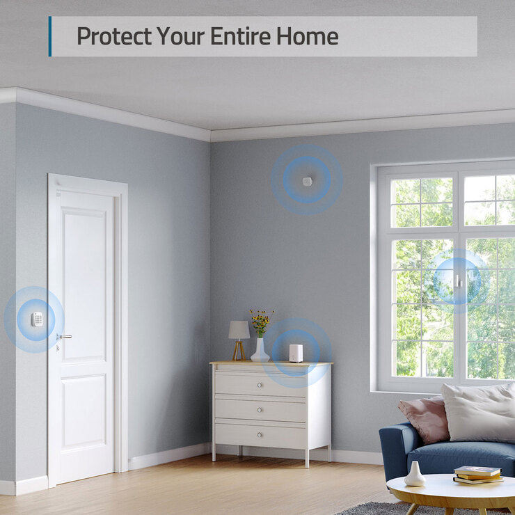 Lifestyle image showing full home setup with alarm kit Lifestyle image showing full home setup with alarm kit