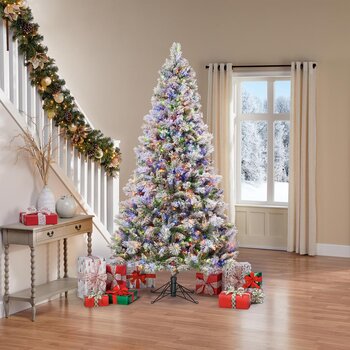 7.5ft (2.2m) Pre-Lit Flocked Glitter Christmas Tree With Colour Changing Radiant Micro LED Lights