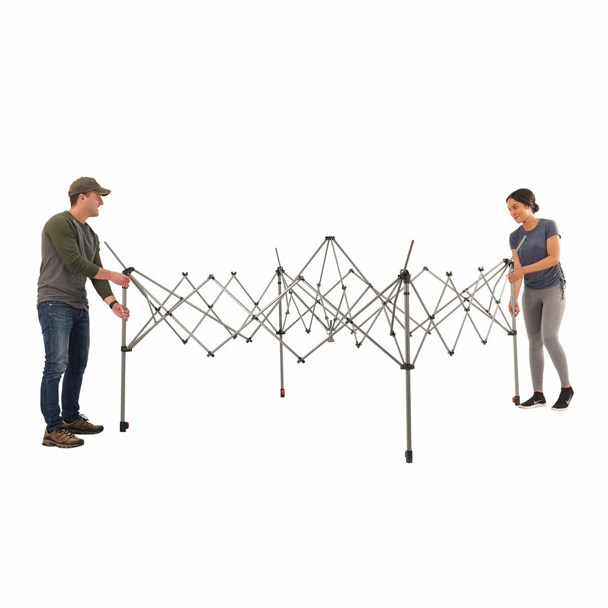 Studio image of two people dismantling the canopy Studio image of two people dismantling the canopy
