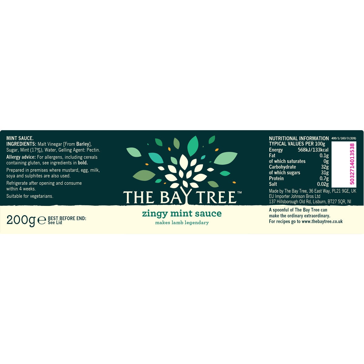 The Bay Tree Zingy Mint Sauce, 200g Label