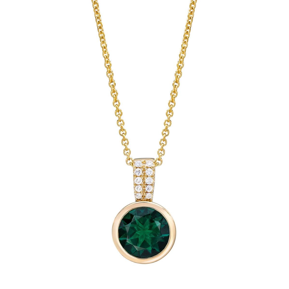 Round Cut Lab Emerald & 0.04ctw Diamond Pendant 14ct Yellow Gold