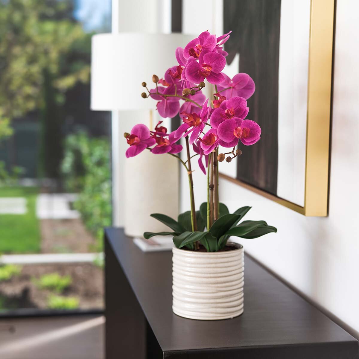 Artificial Orchid in Ribbed Ceramic Pot, Pink