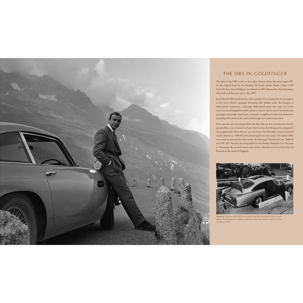 Page spread describing the DB5 in Goldfinger with image of Sean Connery