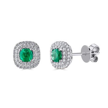 Cushion Cut Emerald & 0.27ctw Diamond Earrings, 18ct White Gold