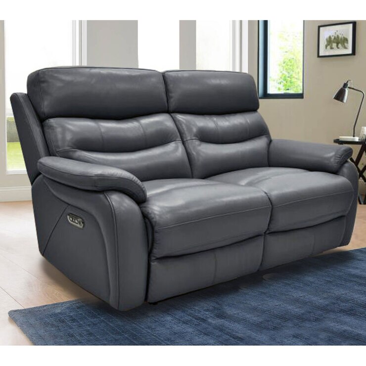 Fletcher Blue Leather Power Reclining 2 Seater Sofa with Power Headrest ...