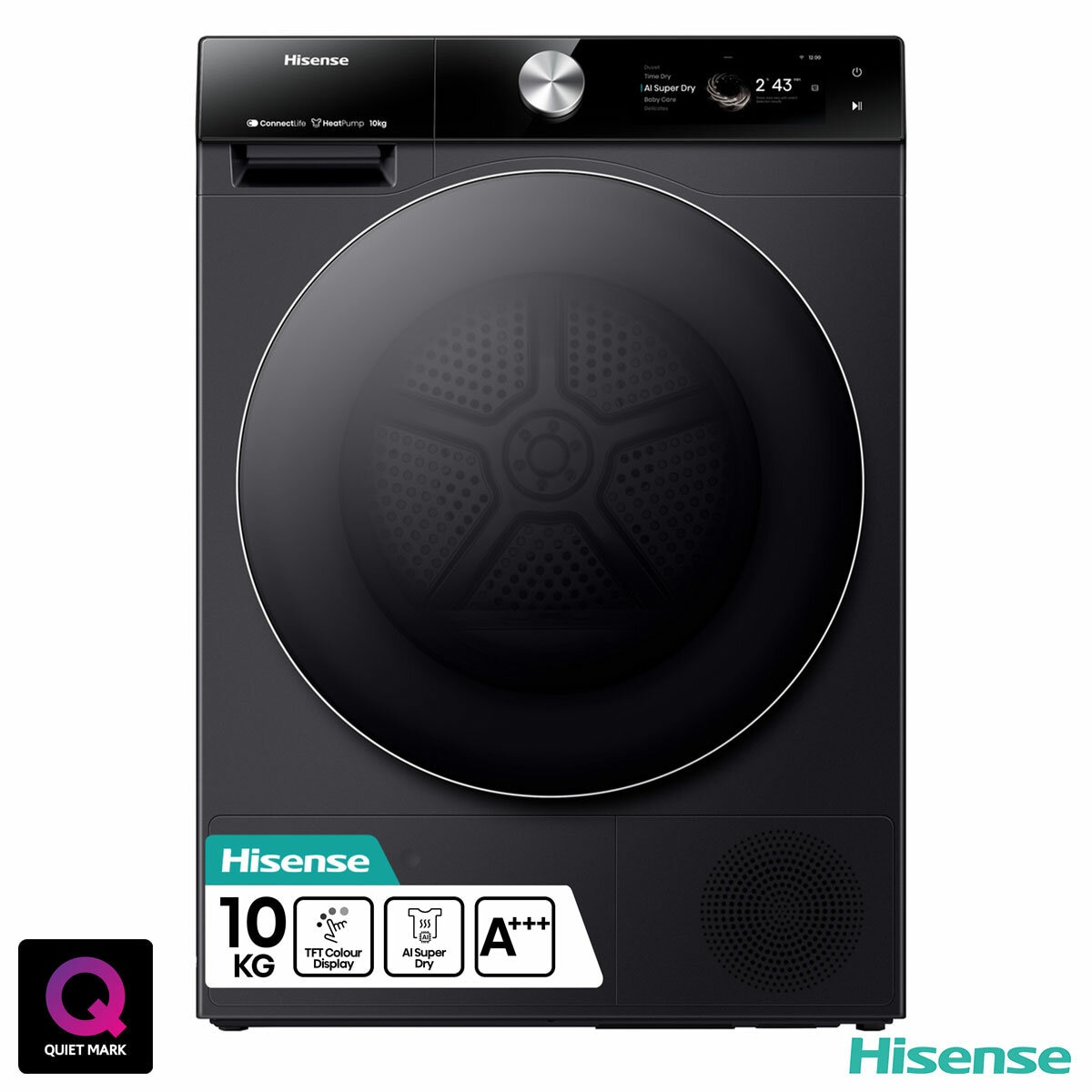 Hisense DH7S107BB, 10kg Heat Pump Tumble Dryer A+++ Rating in Black Hisense DH7S107BB, 10kg Heat Pump Tumble Dryer A+++ Rating in Black