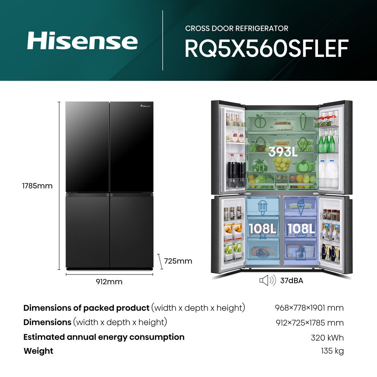 Hisense RQ5X560SFLEF, Multi Door Fridge Freezer, E Rated in Black