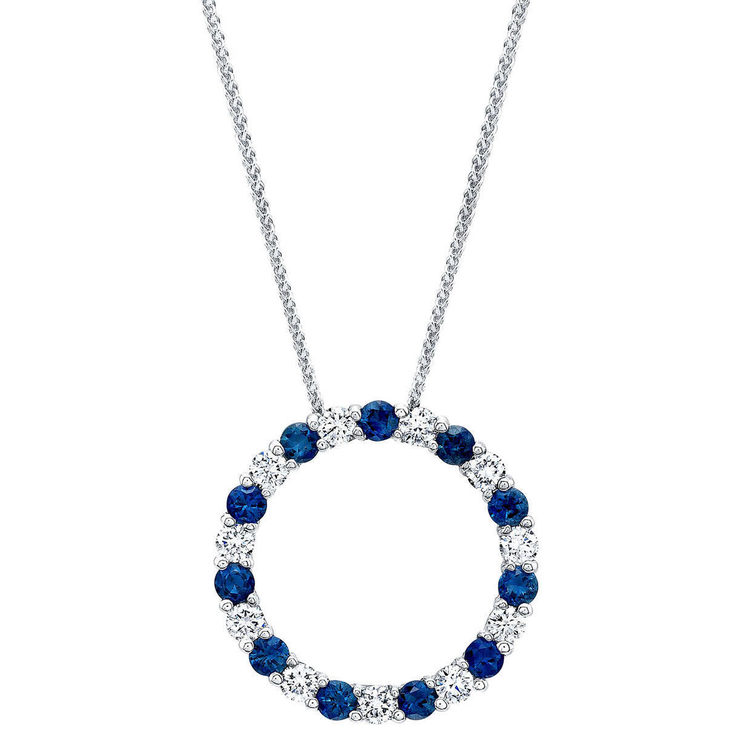 Round Cut Blue Sapphire and 0.66ctw Diamond Circle Pendant, 14ct White ...