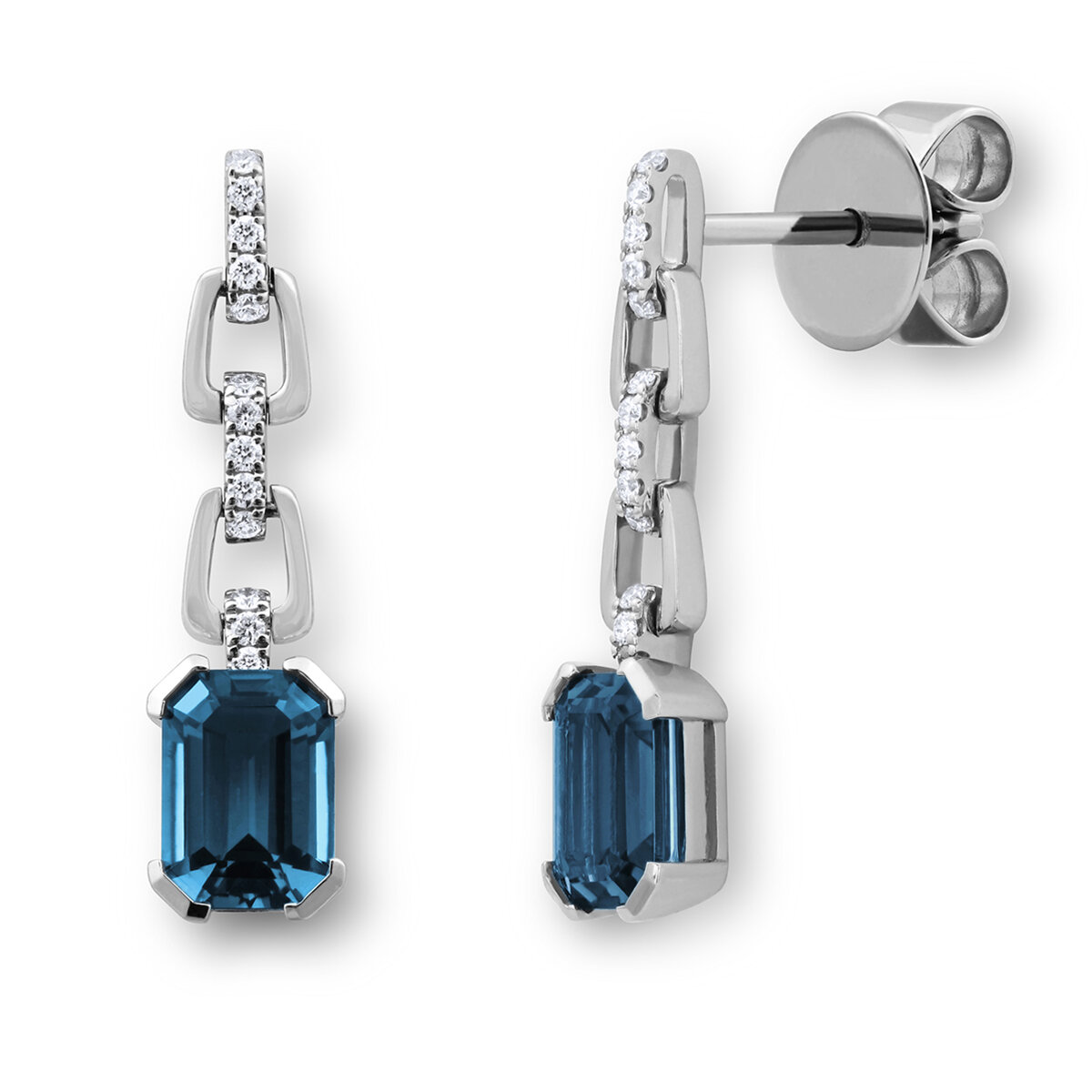 Emerald Cut London Blue Topaz & Diamond Earrings, 18ct White Gold