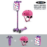 Micro Maxi Deluxe LED Purple Scooter with Medium Pink Helmet and Unicorn Lunch Bag (5+ Years) 