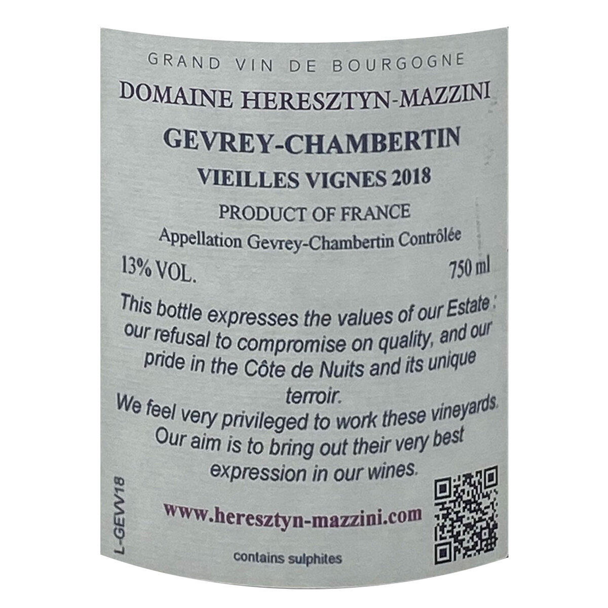 Domaine Heresztyn-Mazzini Gevrey Chambertin 2018, 75cl