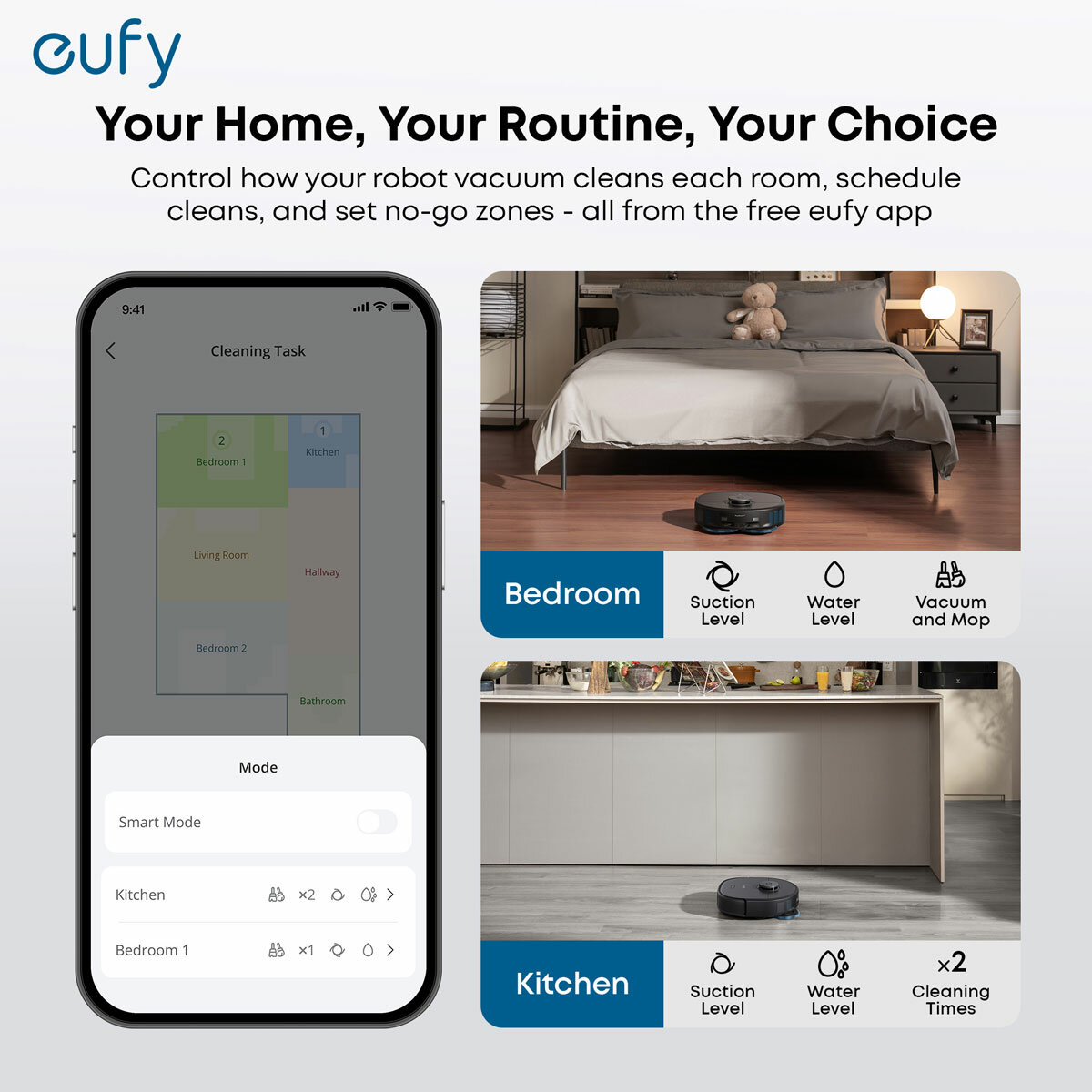Lifestyle image ofEufy X10 Pro Omni Robot Vacuum & Mop, All-in-One Station being controlled on free eufy app Lifestyle image ofEufy X10 Pro Omni Robot Vacuum & Mop, All-in-One Station being controlled on free eufy app