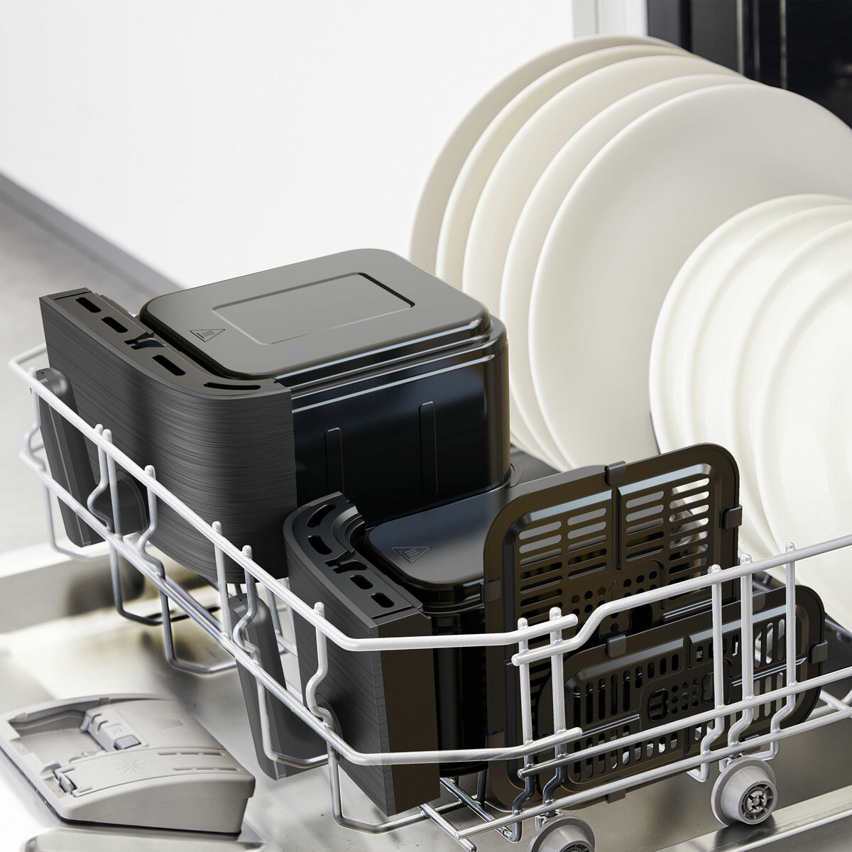 Tefal Easy Fry Dual Air Fryer with attachments in dishwasher Tefal Easy Fry Dual Air Fryer with attachments in dishwasher