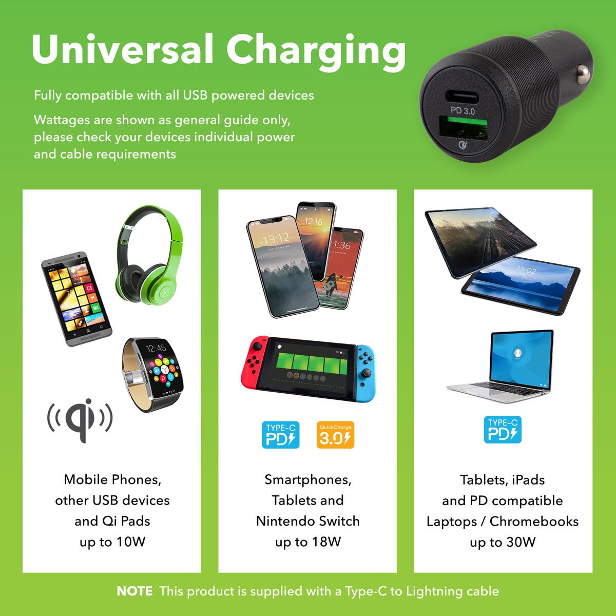 Buy Veld Super Fast in Car Charger USB Port & USB Type C with Super Fast Cable (Type C to Lightning) 1M at Costco.co.uk