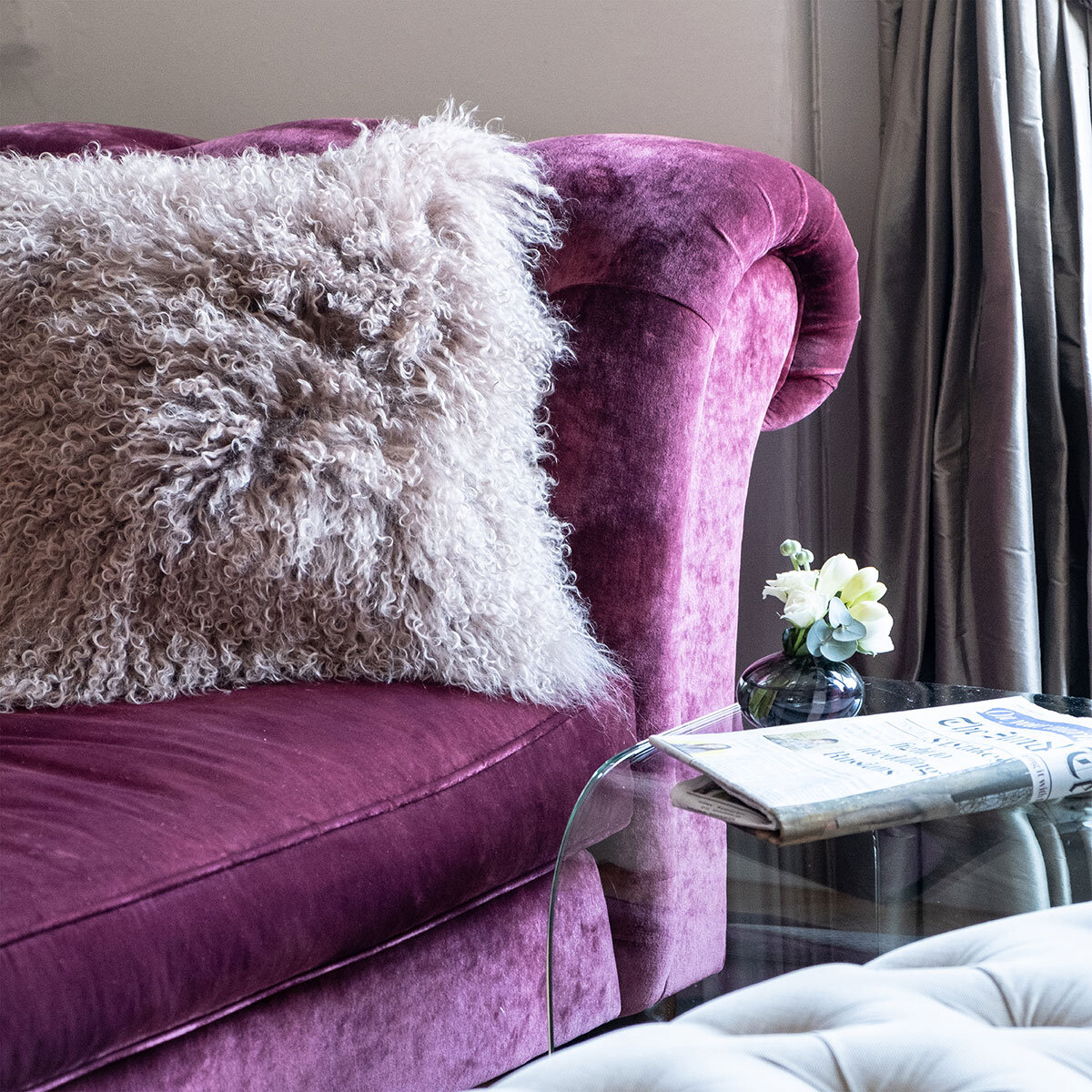 Naturally Sheepskin Mongolian Cushion on sofa