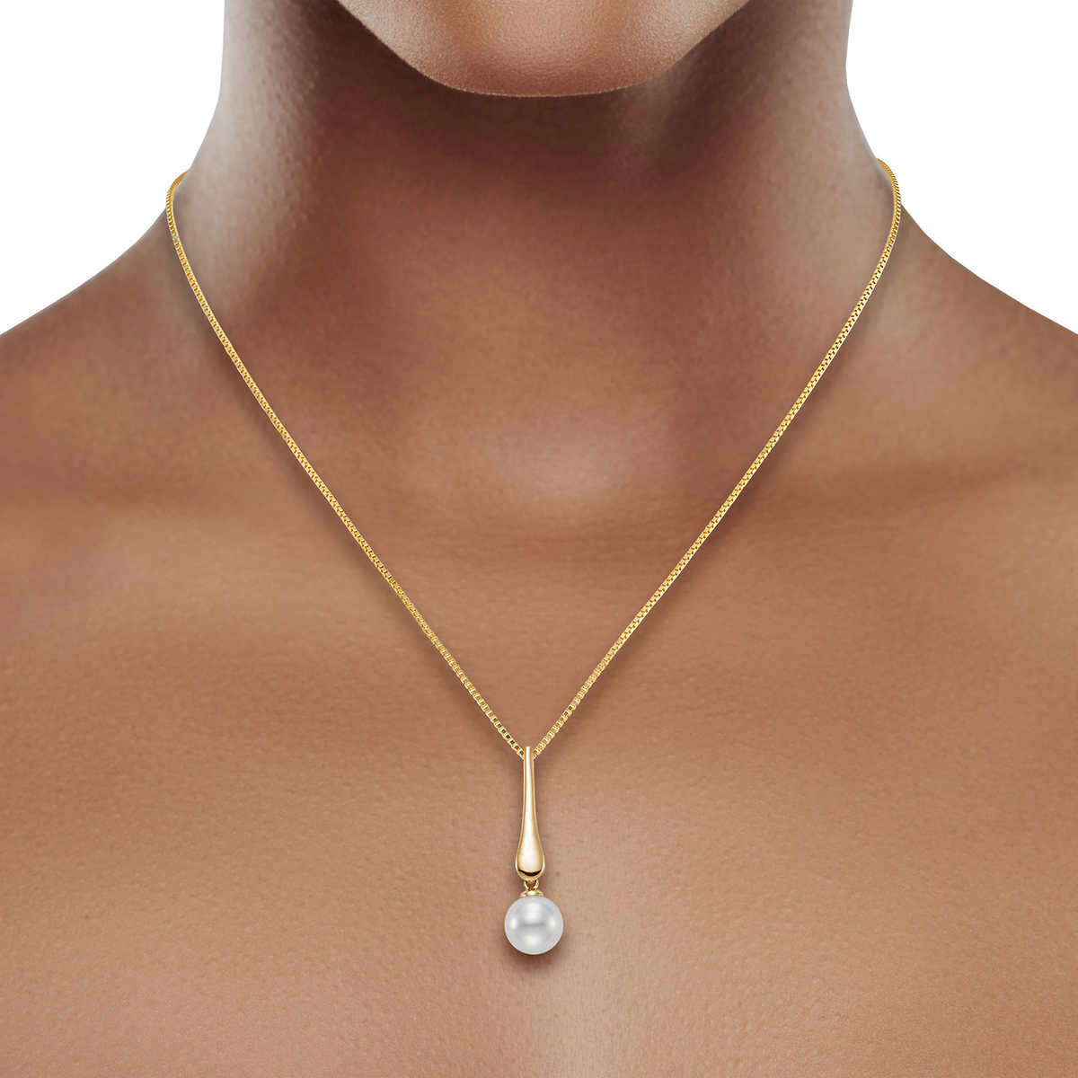 8-8.5mm Cultured Freshwater White Pearl Drop Pendant, 14ct Yellow Gold