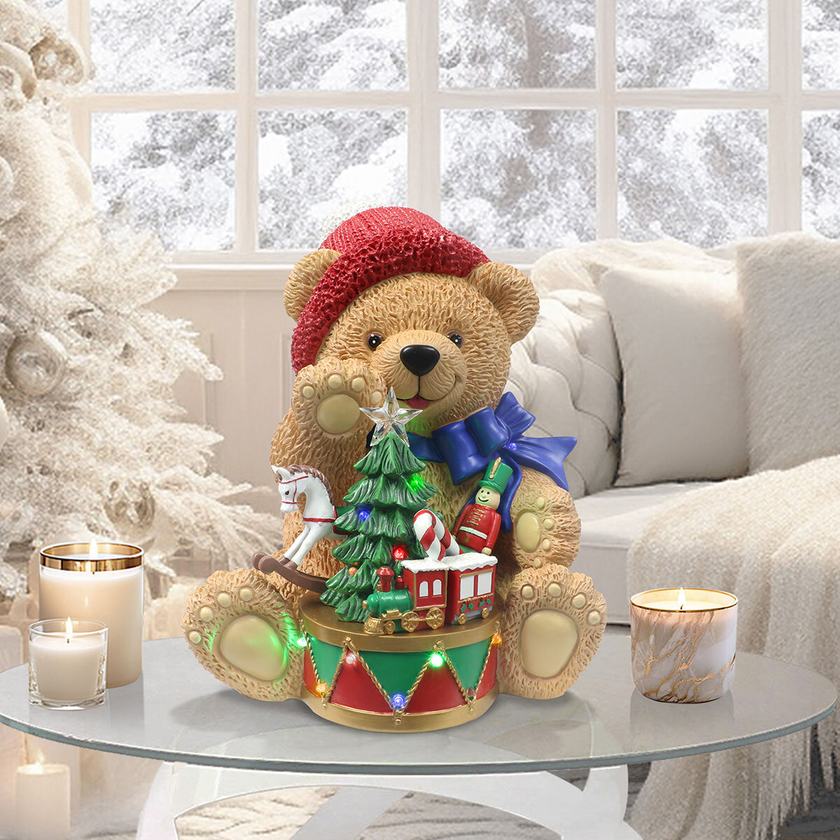 1.1ft (0.33m) Resin Teddy Bear with Drum with 14 LED Lights