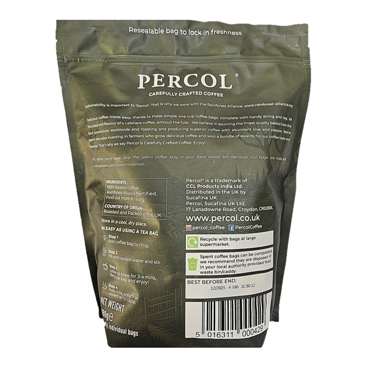 Percol Americano Medium Roast Coffee Bags, 60 x 8g