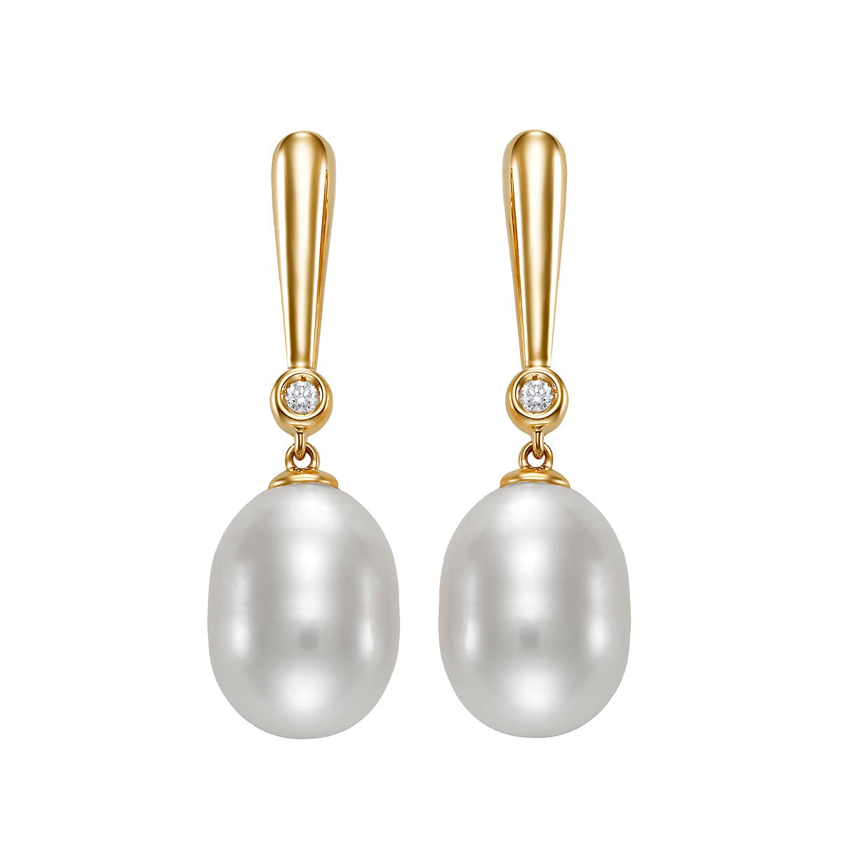 9-10mm Cultured Freshwater White Pearl & 0.06ctw Diamond Earrings, 14ct Yellow Gold