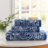 samara indigo blue towel set of three stacked up