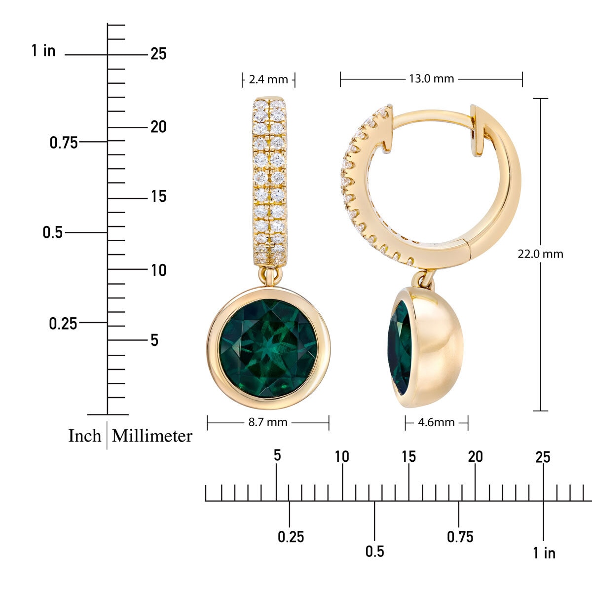 Lab Created Emerald & 0.17ctw Diamond Earrings, 14ct Yellow Gold