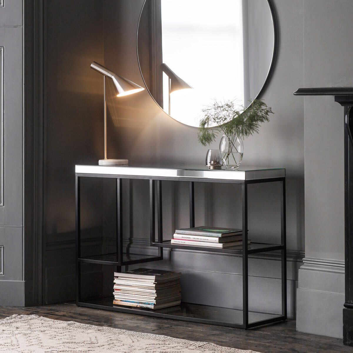 Gallery Cheshire Black Console Table with Mirrored Top