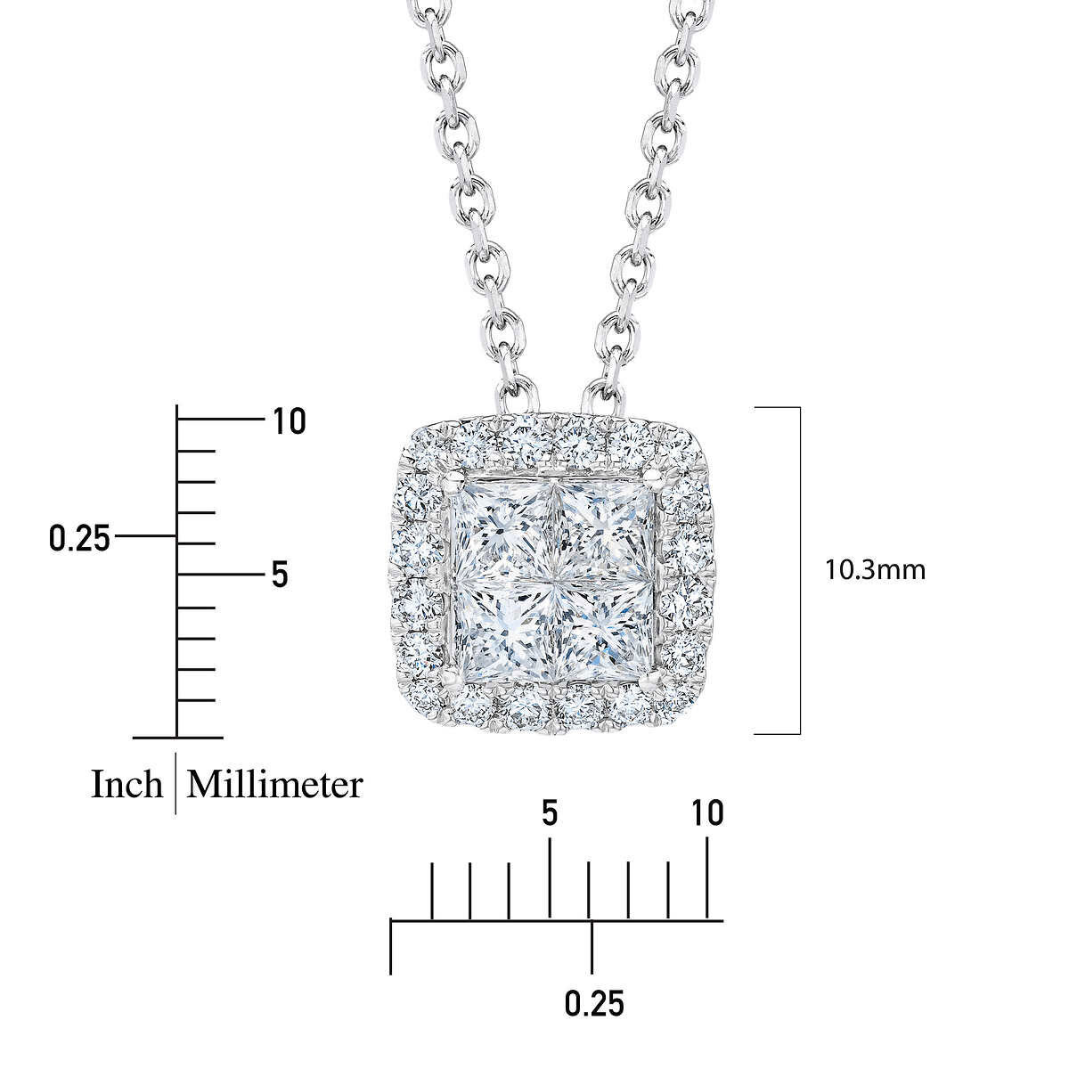 1.00ctw Princess & Round Brilliant Cut Diamond Halo Pendant, 14ct White Gold