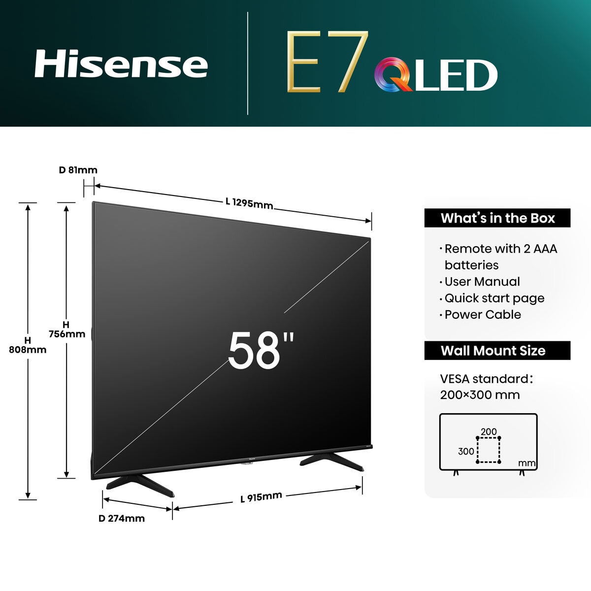 Dimensions HISENSE 58E7NQTUK 58" 4K UHD QLED TV