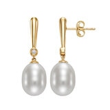 9-10mm Cultured Freshwater White Pearl & 0.06ctw Diamond Earrings, 14ct Yellow Gold