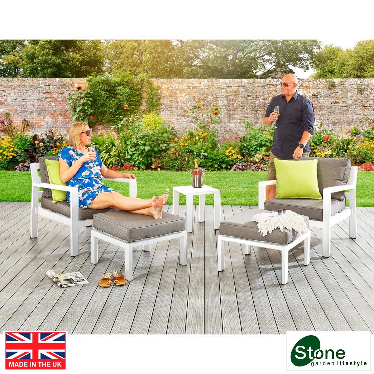 Stone Garden 5 Piece Armchair and Footstool Patio Set in White