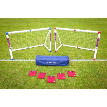 Lifestyle image of two 6' x 4' football goals, carry bag and 5 bibs Lifestyle image of two 6' x 4' football goals, carry bag and 5 bibs