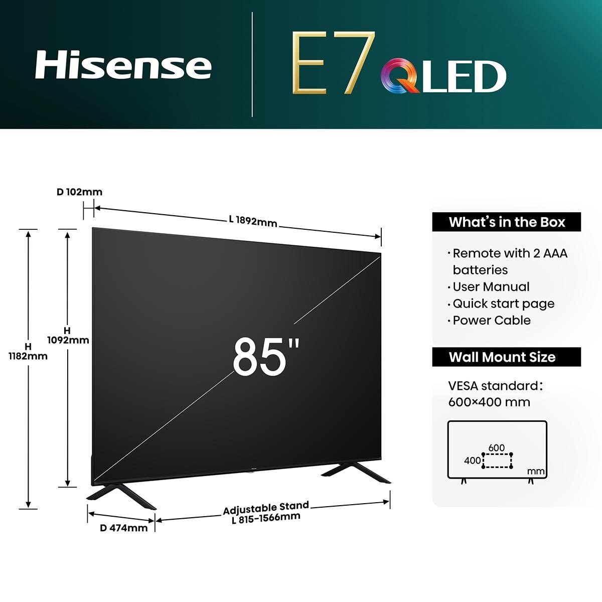 Hisense 85E7NQTUK 85 Inch QLED Freely Smart TV