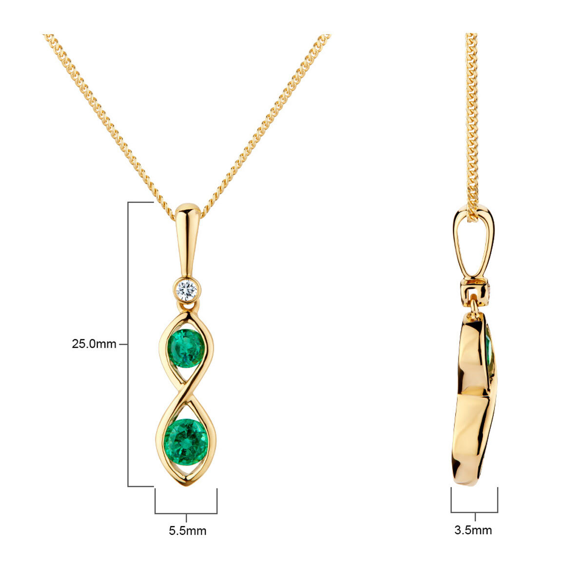 Round Cut Emerald &0.03ct Diamond Drop Pendant,18ct Yellow Gold