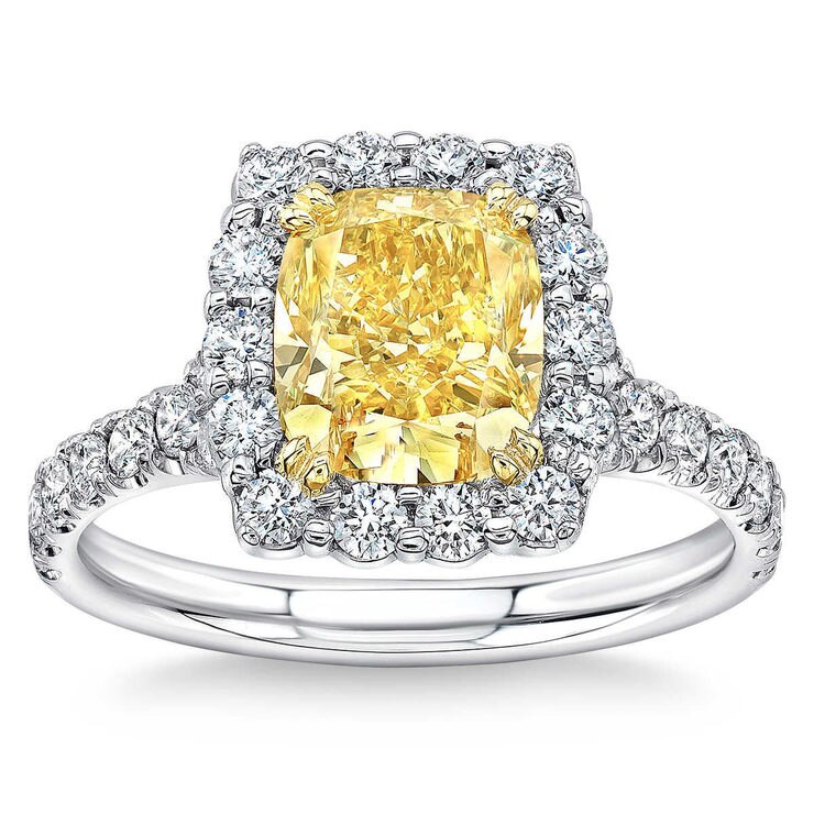 3.06ctw Cushion Cut Fancy Vivid Yellow Diamond Ring, Platinum and 18ct ...