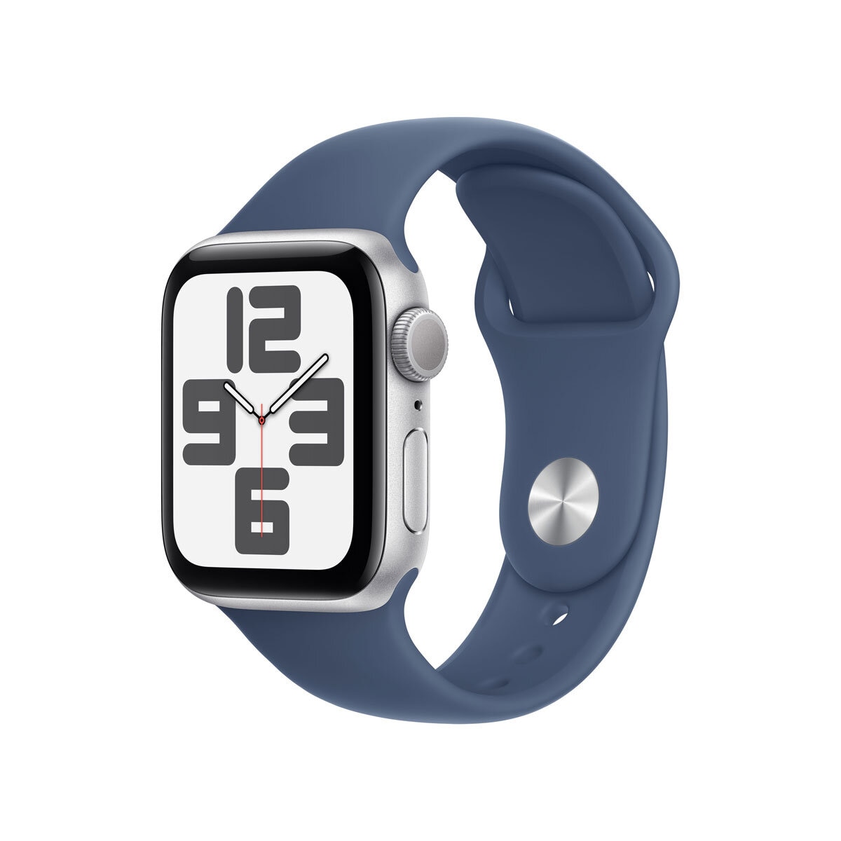 Apple Watch SE GPS, 40mm Silver Aluminium Case with Denim Blue Sport Band M/L, MXED3QA/A