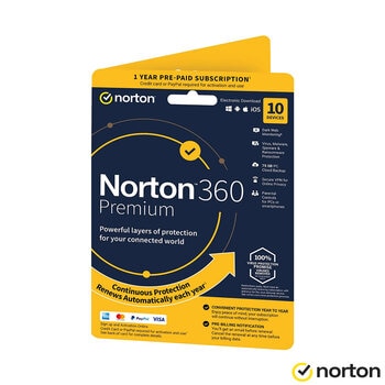 Norton 360 Premium, Antivirus Software for 10 Device and 1 Year Subscription with Automatic Renewal