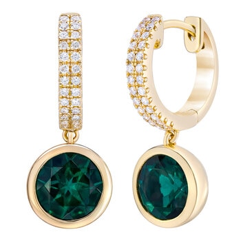 Round Cut Lab Emerald & 0.17ctw Diamond Earrings 14ct Yellow Gold